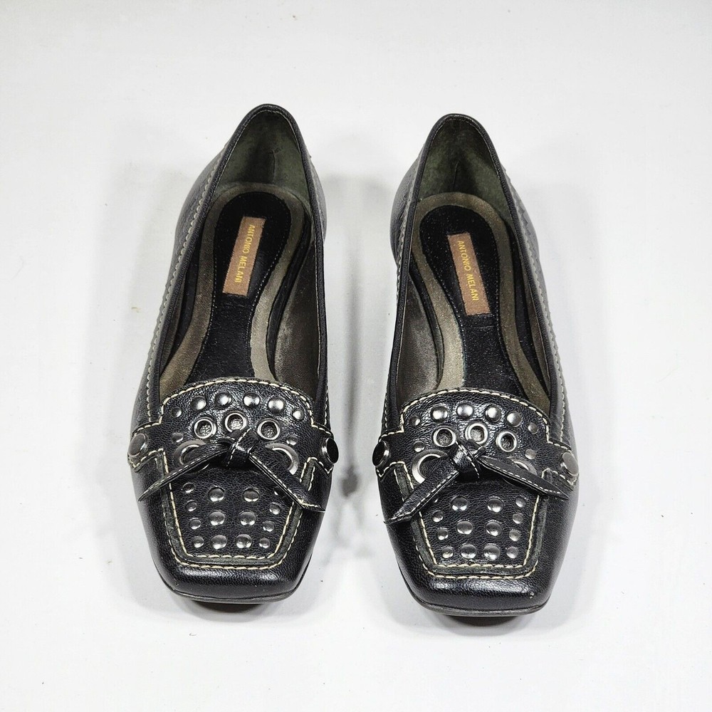 Antonio Melani Womens Shoes Black Slip On Studded Leather Loafer Flats Moc 6.5 M